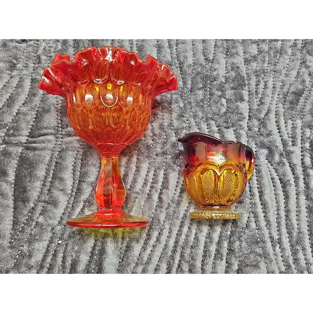 Vintage Glass Amber Brown Hobnail Crimped Rim Candy Bowl & Creamer Pitcher